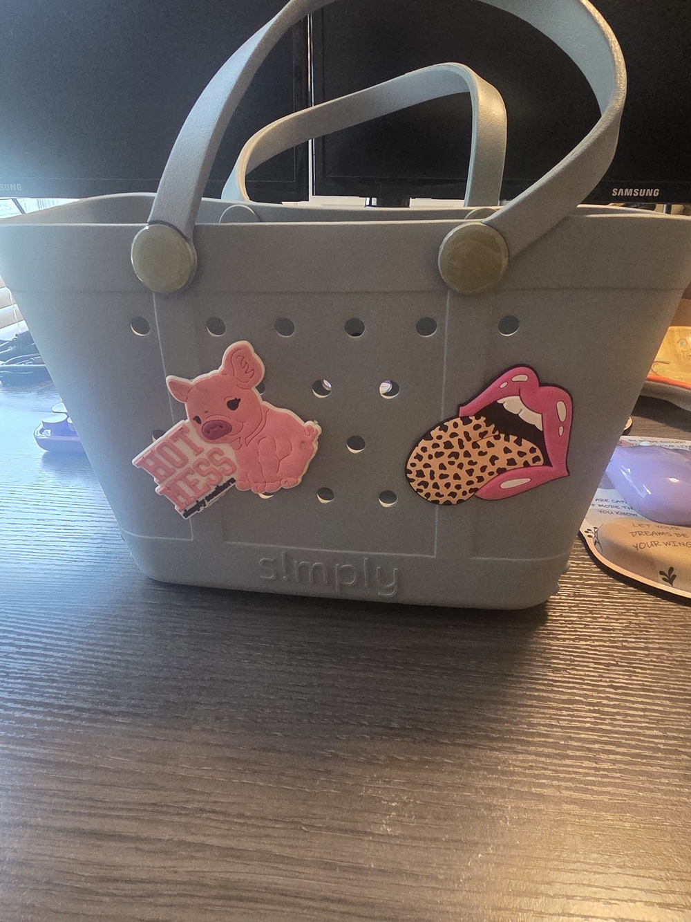 Simply Southern  Rubber  Gray Mini Tote Bag Purse with Two Charms